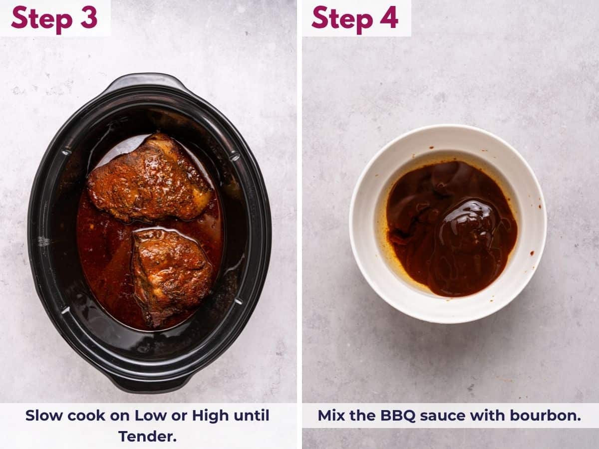 Slow cooking the seasoned pork shoulder until tender, then mixing BBQ sauce with bourbon for the finishing sauce.