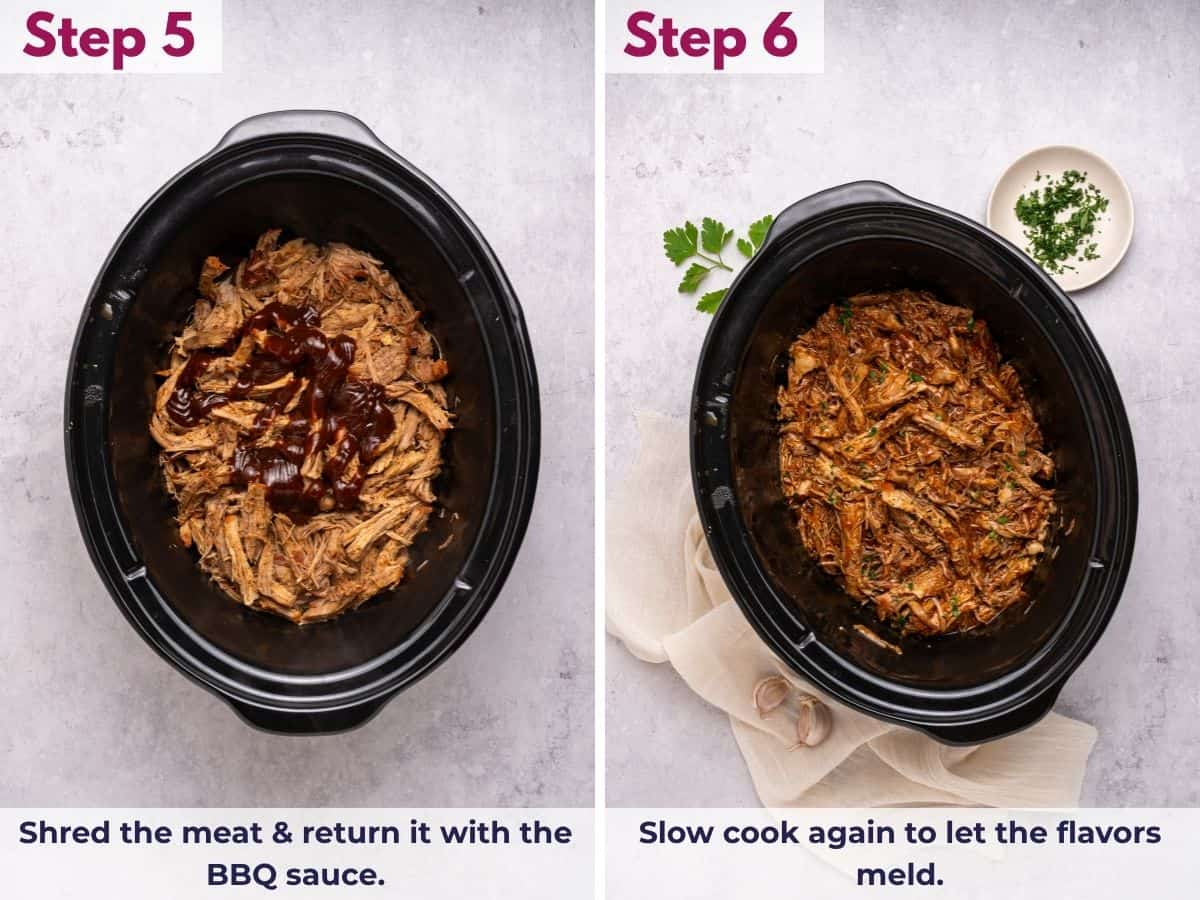 Shredding the tender pork and returning it to the slow cooker with BBQ sauce, then cooking again to let the flavors meld.