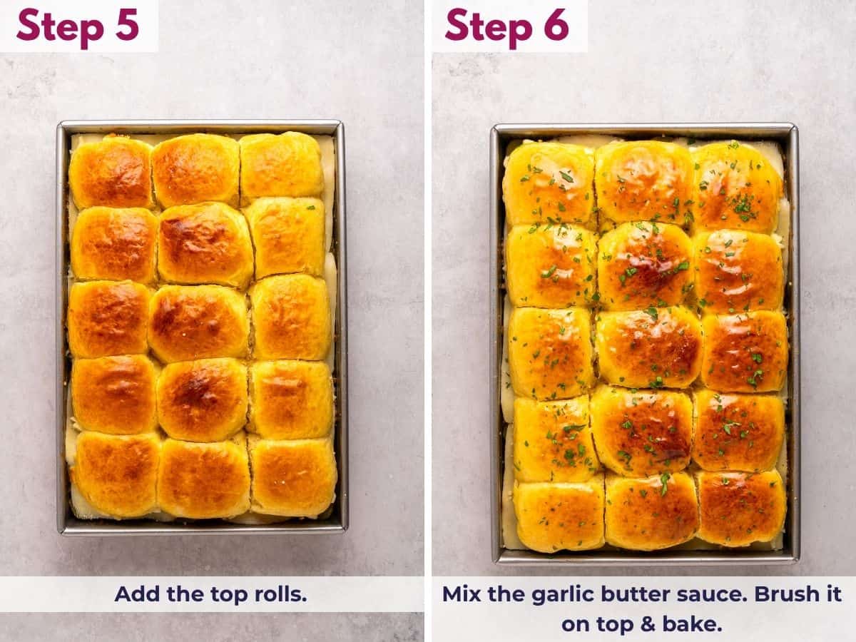 Adding the top Hawaiian rolls, brushing them with garlic butter sauce, and baking until the sliders are golden and the cheese is melted.