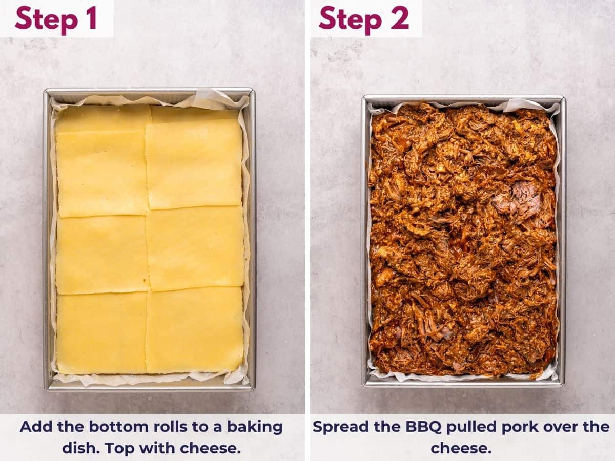 Layering the bottom Hawaiian rolls with cheese, then spreading BBQ pulled pork evenly over the top.