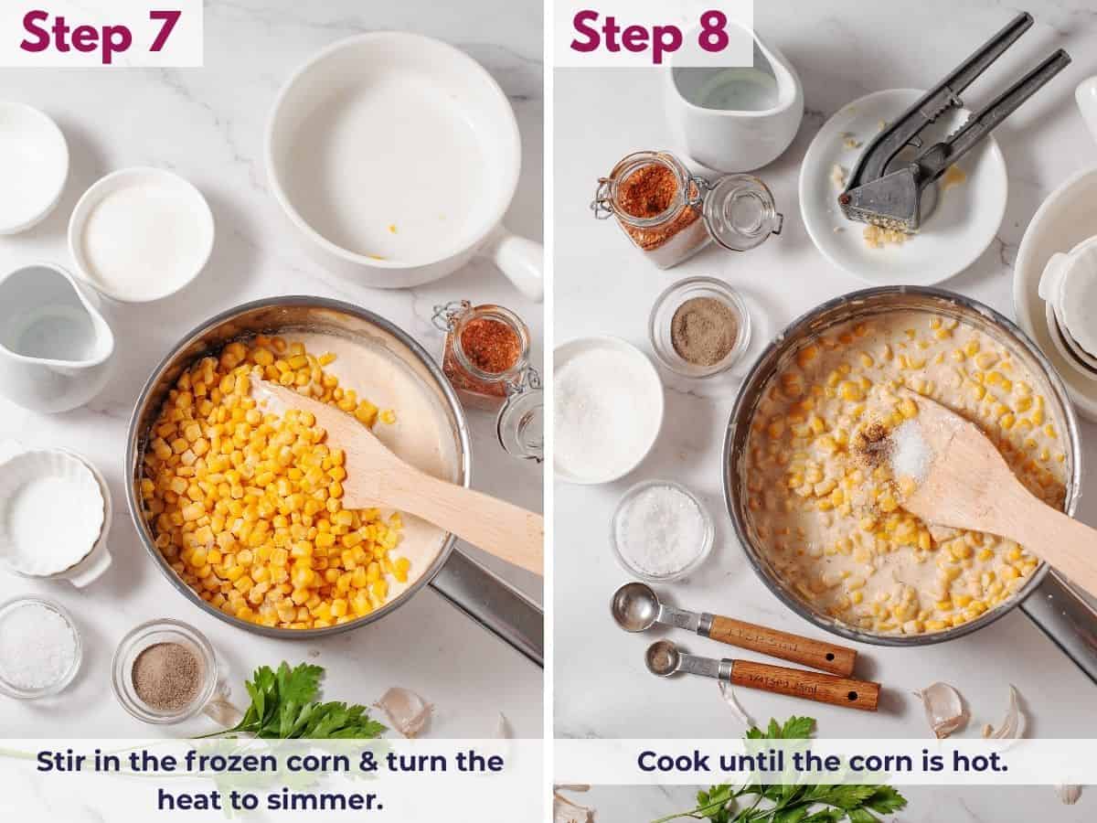 Stirring frozen corn into the creamy sauce, then simmering until the corn is hot and the sauce coats the kernels.