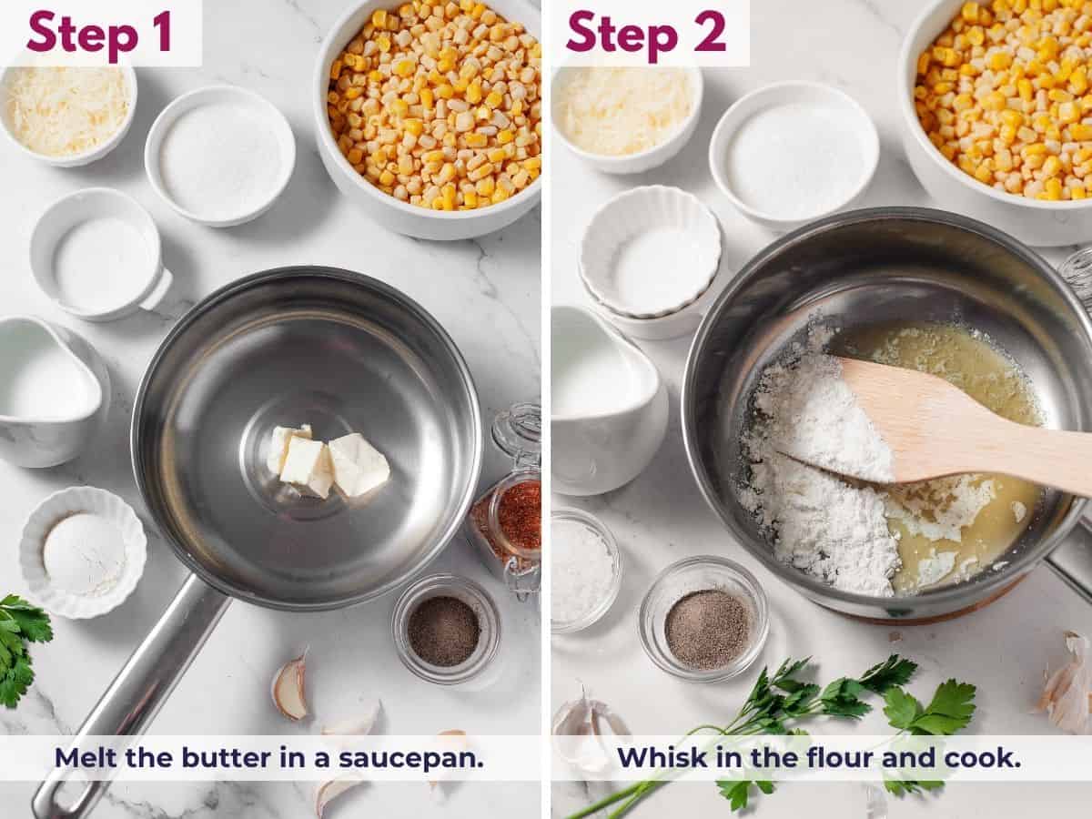 Melting butter in a saucepan, then whisking in the flour to make a smooth roux for the creamed corn sauce.