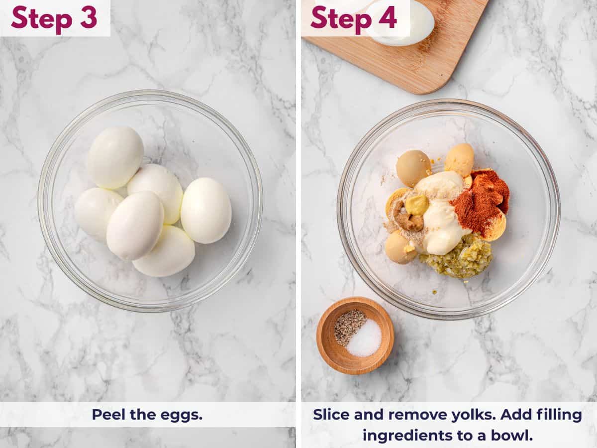 Peeling the cooled eggs, slicing them in half, removing the yolks, and adding the filling ingredients to a bowl to make the deviled egg filling