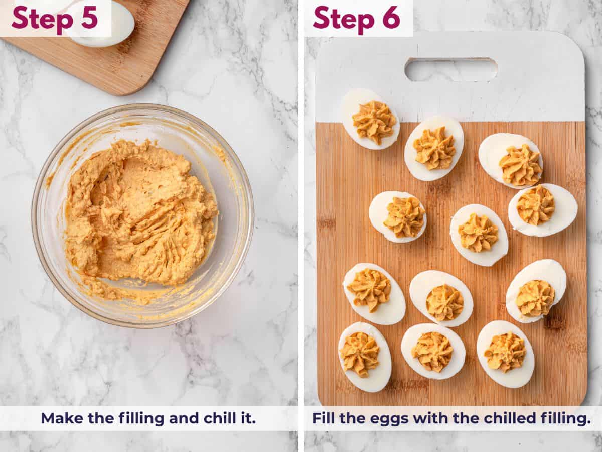 Mixing the deviled egg filling until smooth, chilling it, then filling the egg whites with the creamy mixture before serving
