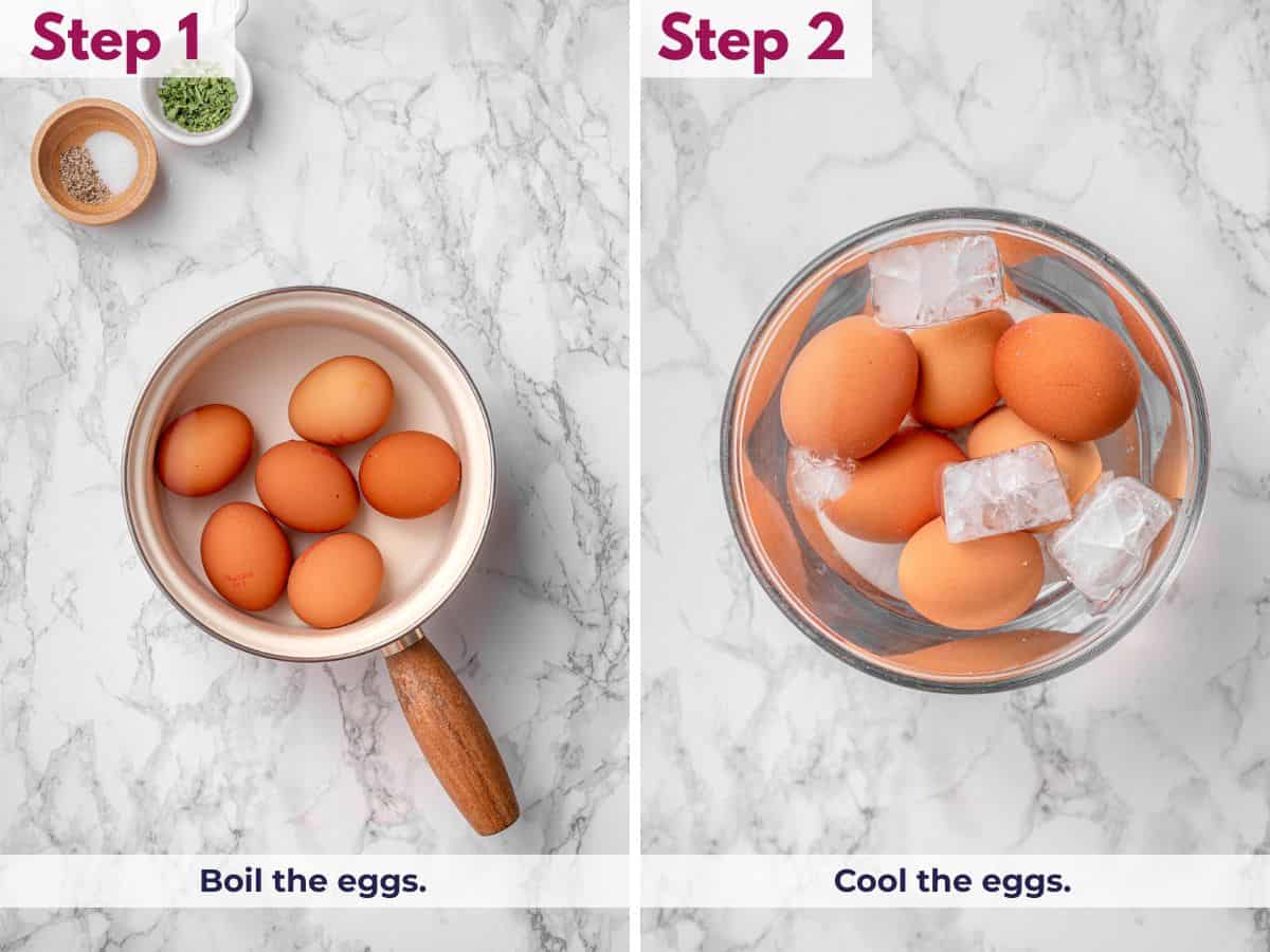 Boiling the eggs until hard-cooked, then cooling them in ice water before peeling for the deviled eggs recipe