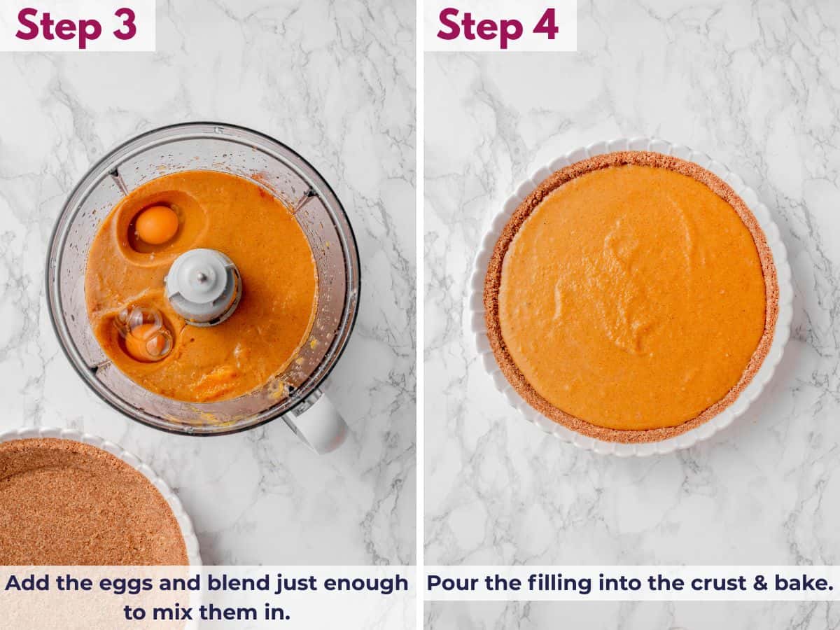 Adding the eggs and blending just until incorporated, then pouring the pumpkin pie filling into the graham cracker crust and baking until set.