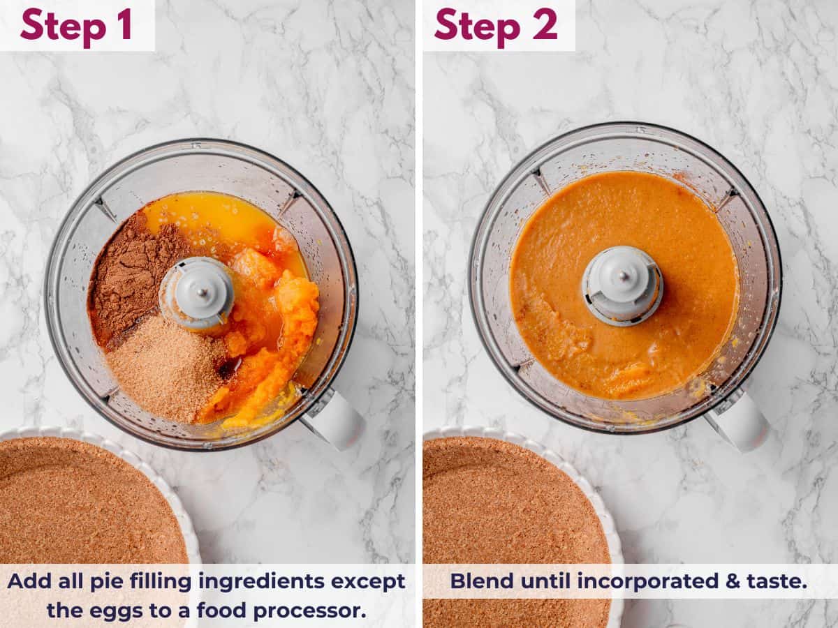Adding the pumpkin pie filling ingredients, except the eggs, to a food processor, then blending until smooth and tasting to adjust the flavor.