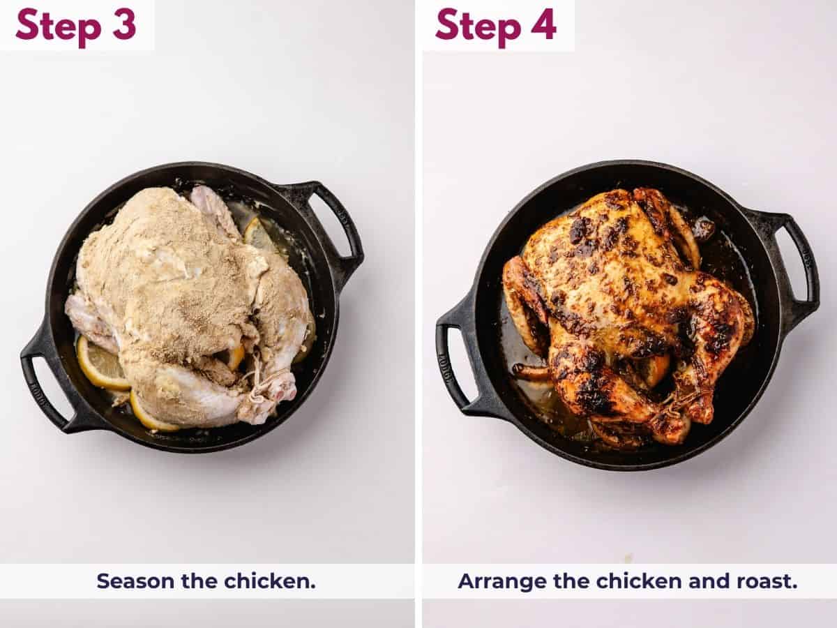Seasoning the whole chicken with lemon butter and spices, then arranging it in a cast iron skillet and roasting until golden brown.