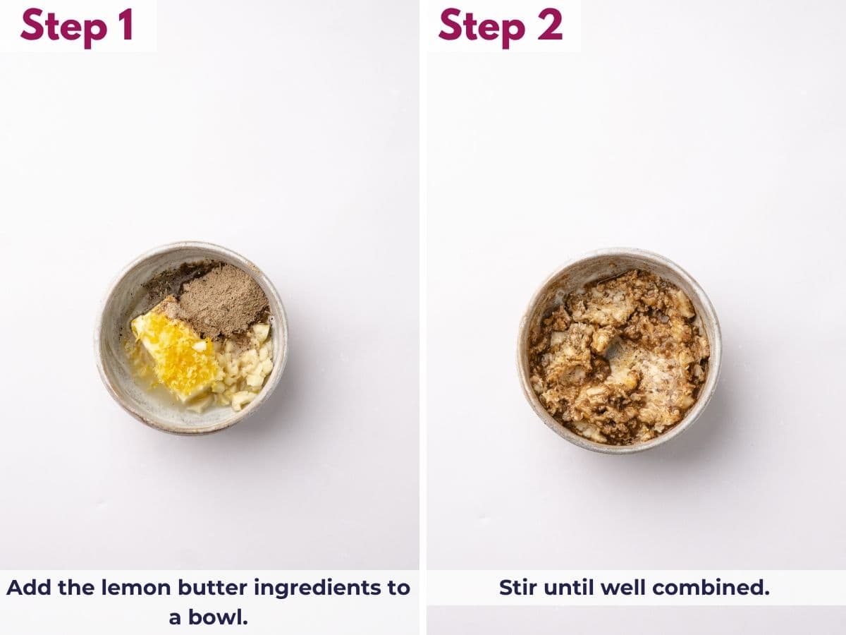 Mixing softened butter with lemon, garlic, and poultry seasoning in a bowl until well combined to make the lemon butter for the roasted chicken.