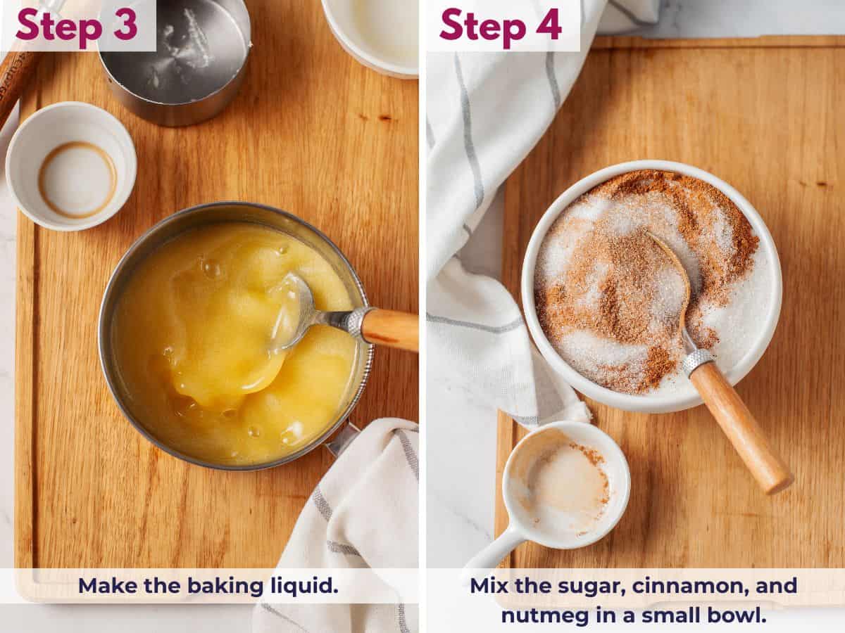 Making the buttery baking liquid, then mixing the brown sugar, cinnamon, and nutmeg together for the candied yams coating