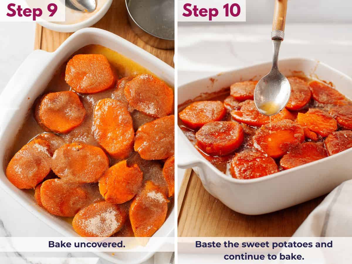 Baking the candied yams uncovered, basting the sweet potatoes with the syrup, and continuing to bake until tender and caramelized