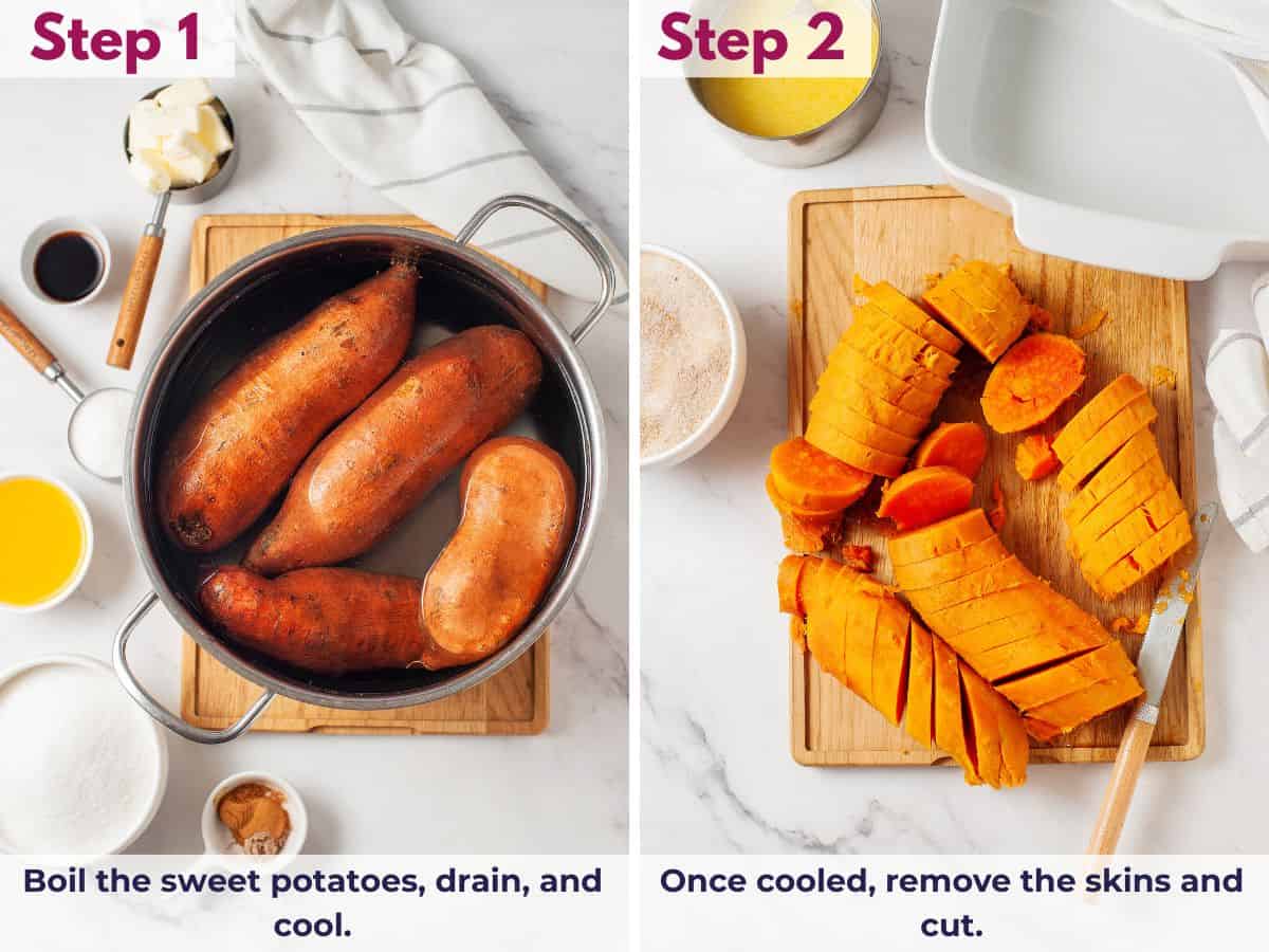 Boiling the sweet potatoes until tender, draining and cooling them, then removing the skins and slicing them into pieces for the candied yams