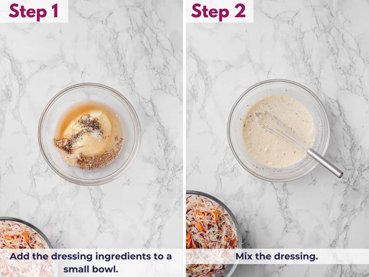 Adding mayonnaise, vinegar, sugar, celery seed, and seasonings to a bowl, then whisking until the Southern coleslaw dressing is smooth and creamy.