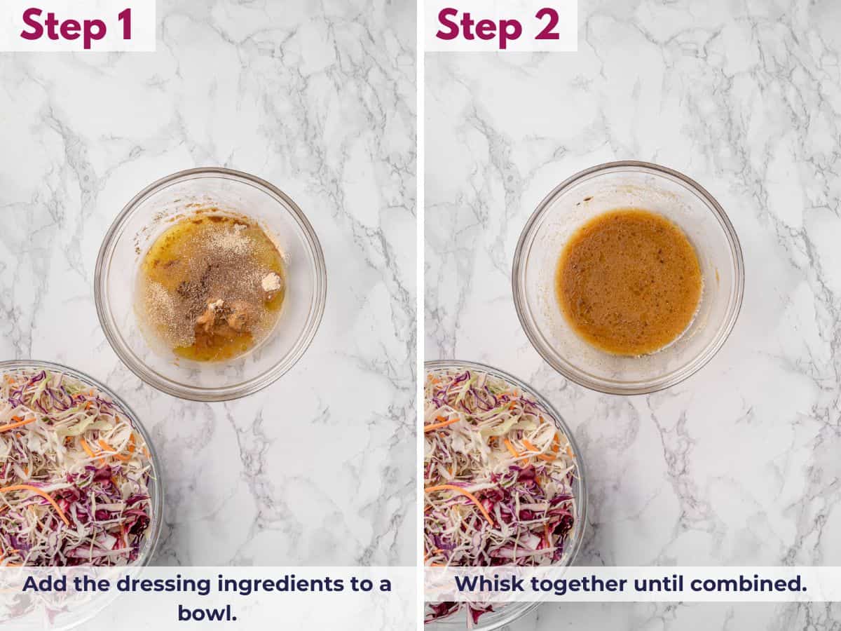 Adding the dressing ingredients to a bowl, then whisking until smooth and well combined