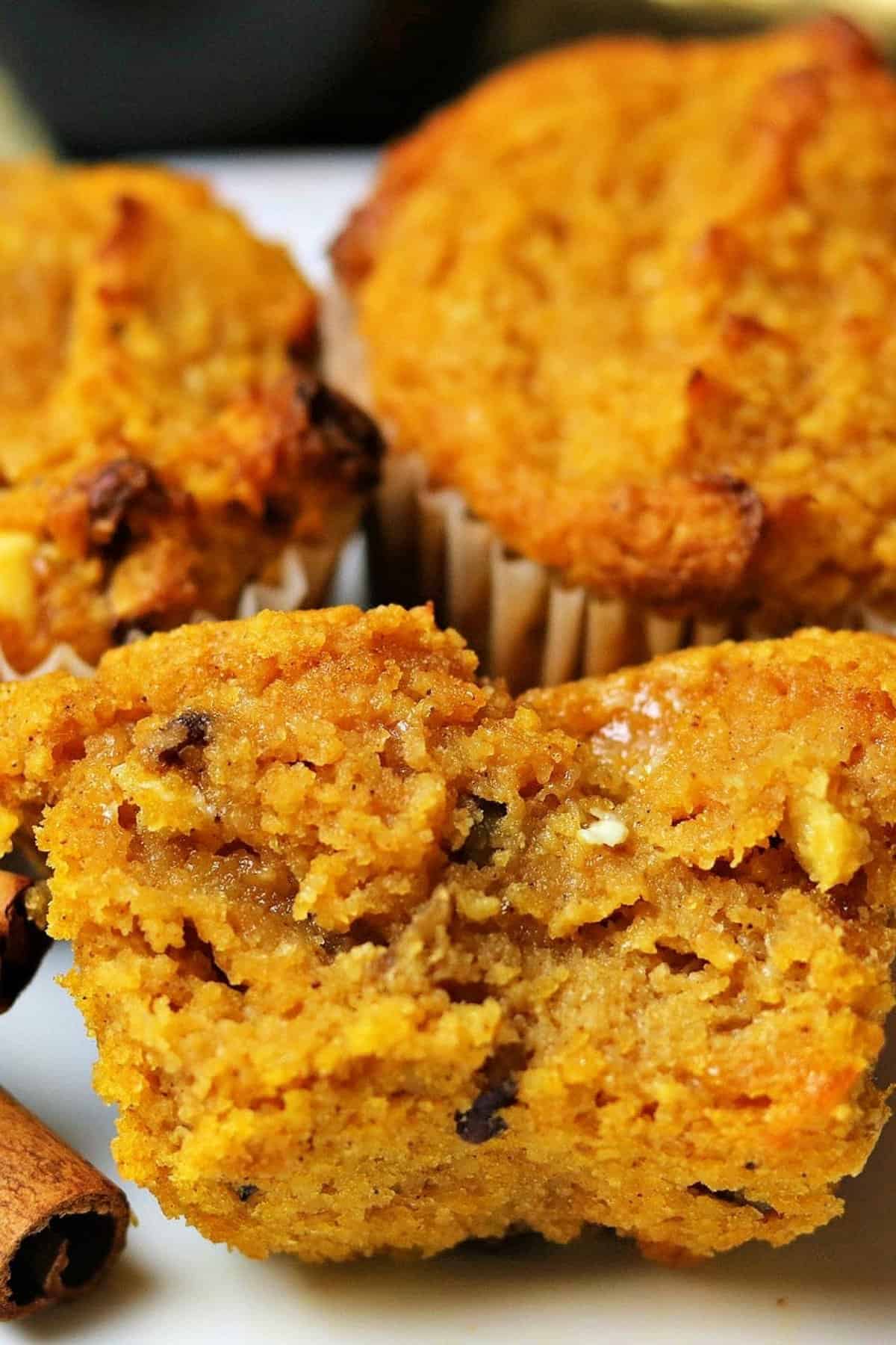 close up of a keto pumpkin muffin cut in half