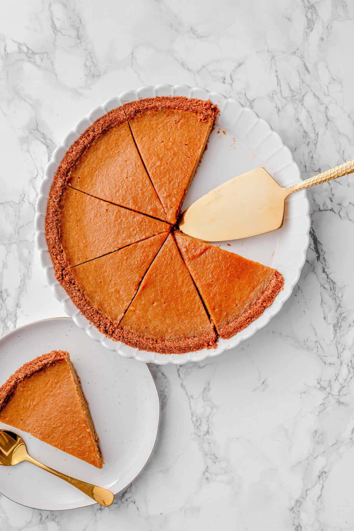 Pumpkin pie recipe with graham cracker crust baked until perfectly set
