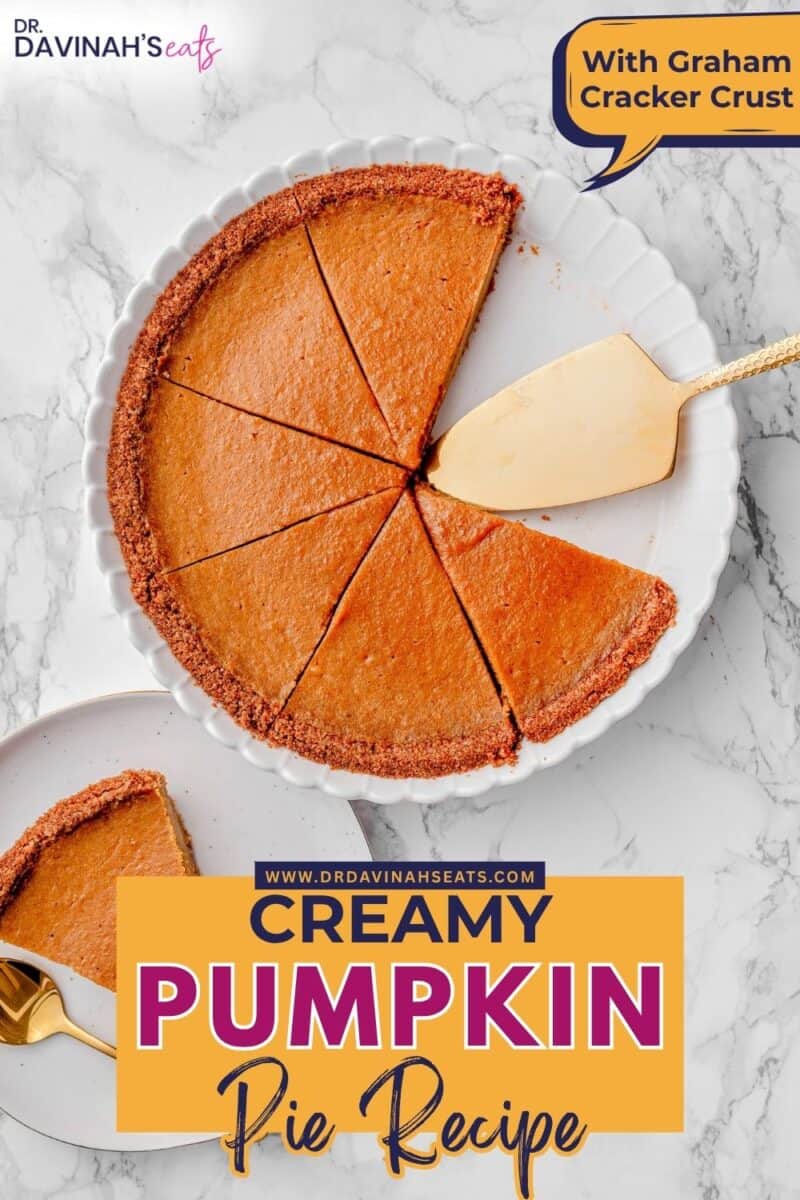 Pumpkin pie in graham cracker crust with a lightly browned filling