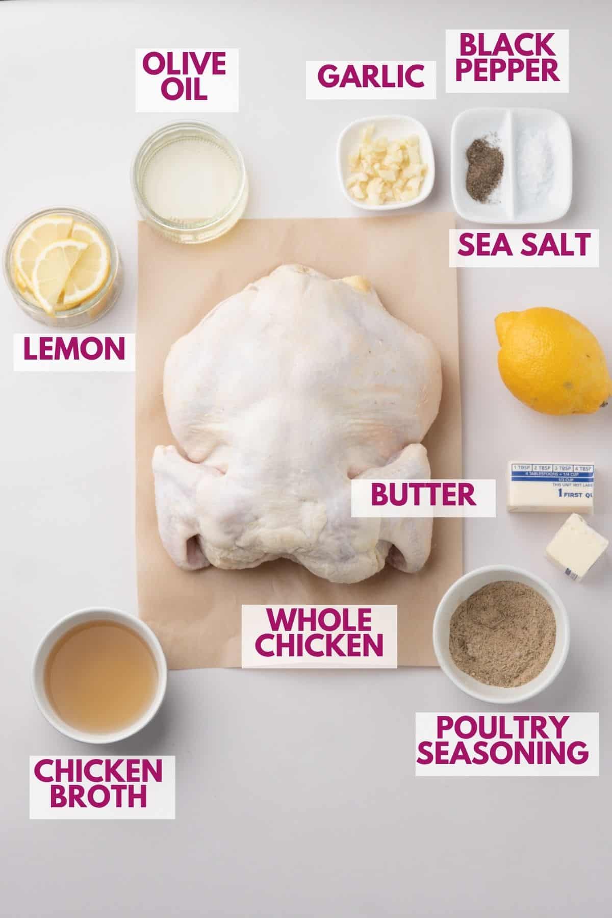 ingredients to make a whole chicken roasted in cast iron