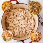 close-up of a pot of juicy shredded chicken with 4 shredded chicken dishes in small circles
