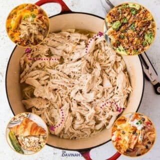 close-up of a pot of juicy shredded chicken with 4 shredded chicken dishes in small circles