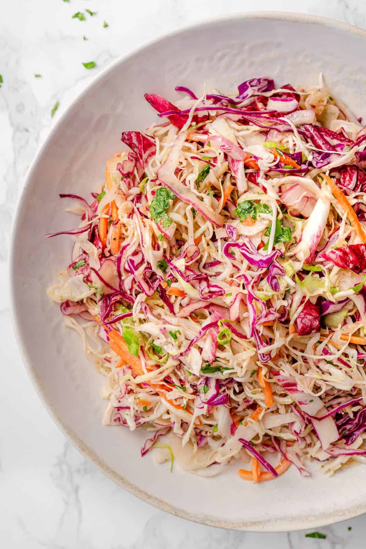Vinegar coleslaw recipe served alongside pulled pork and BBQ