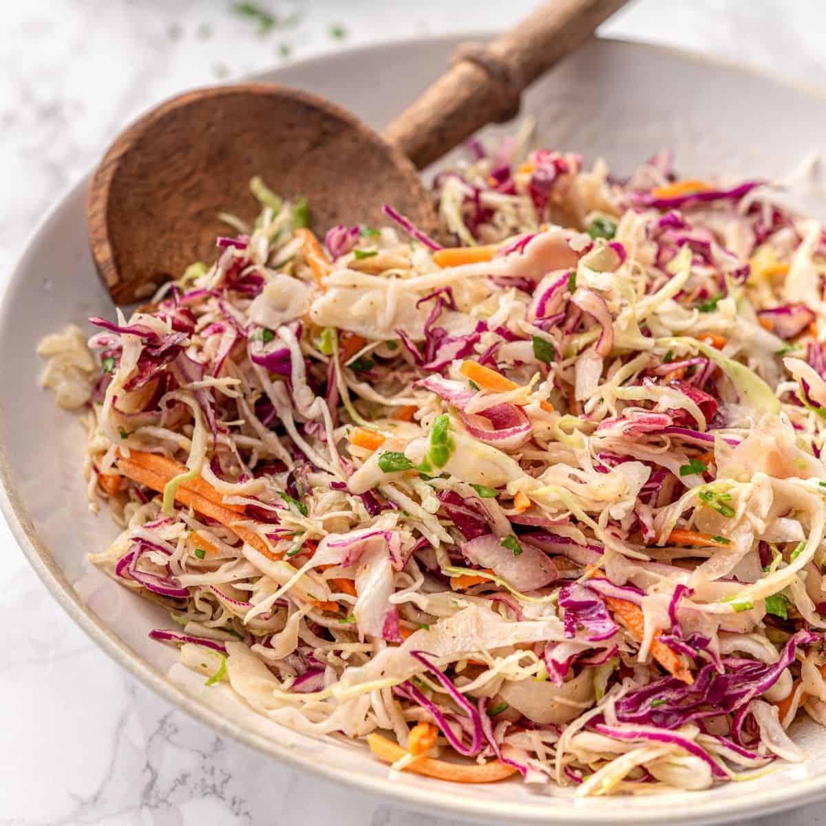 Vinegar based coleslaw with crisp vegetables and a sweet tangy dressing
