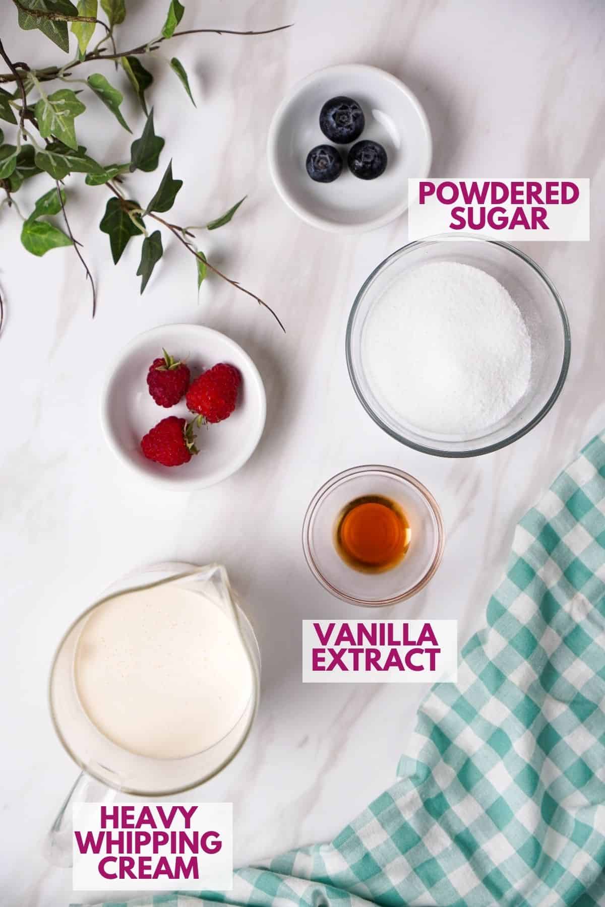 ingredients to make Homemade whipped cream with soft peaks and a smooth, creamy finish