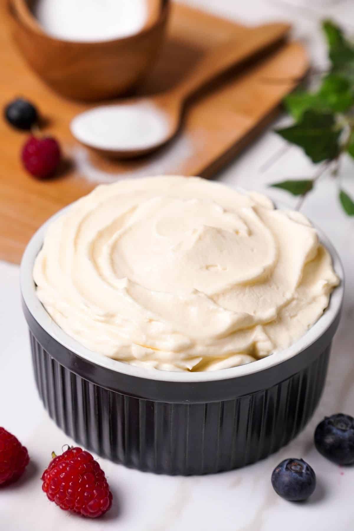 Homemade whipped cream recipe with fluffy peaks ready for serving
