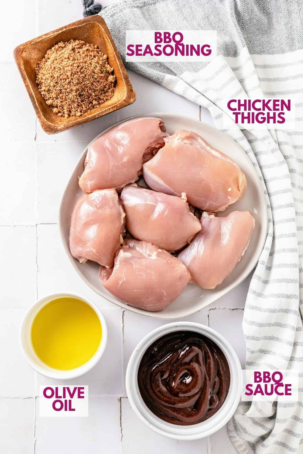 ingredients to make BBQ chicken thighs in the oven with a sticky, caramelized sauce