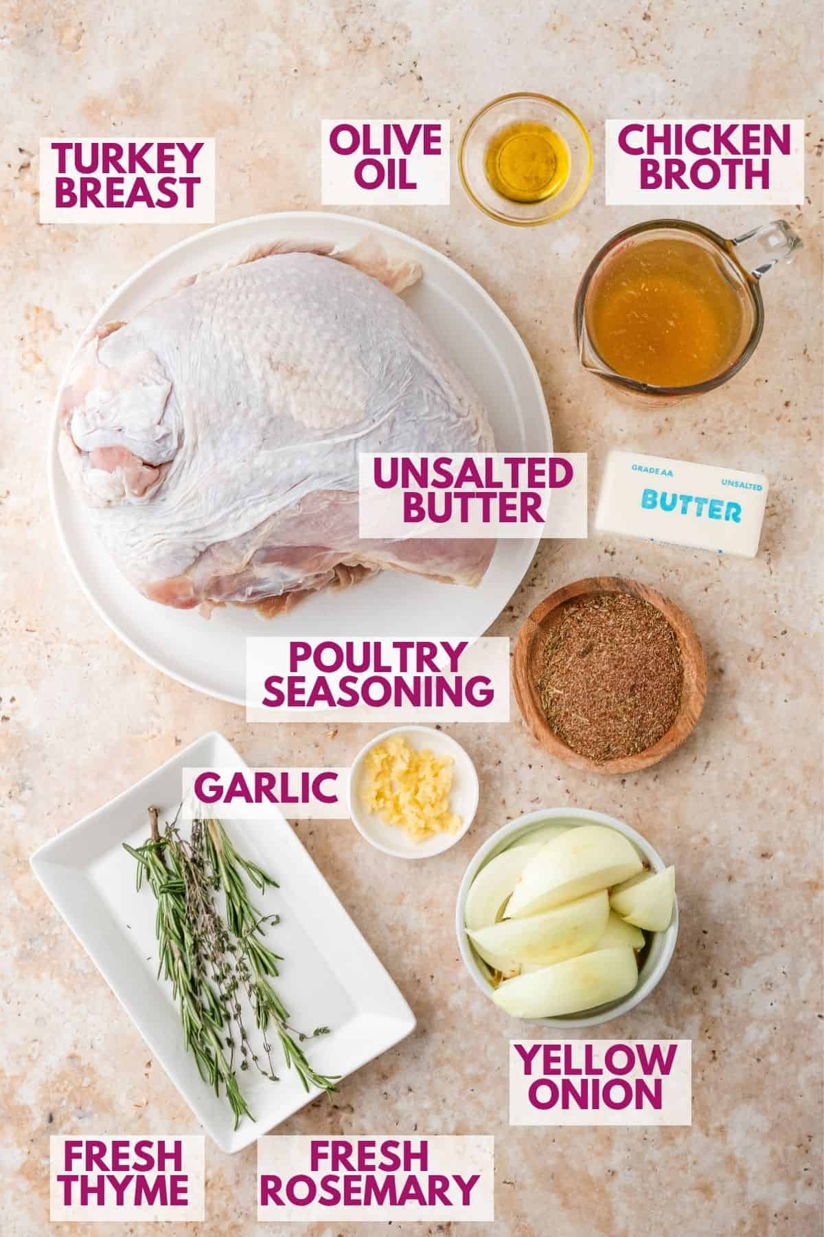ingredients to make oven roasted turkey breast with golden crispy skin and tender meat
