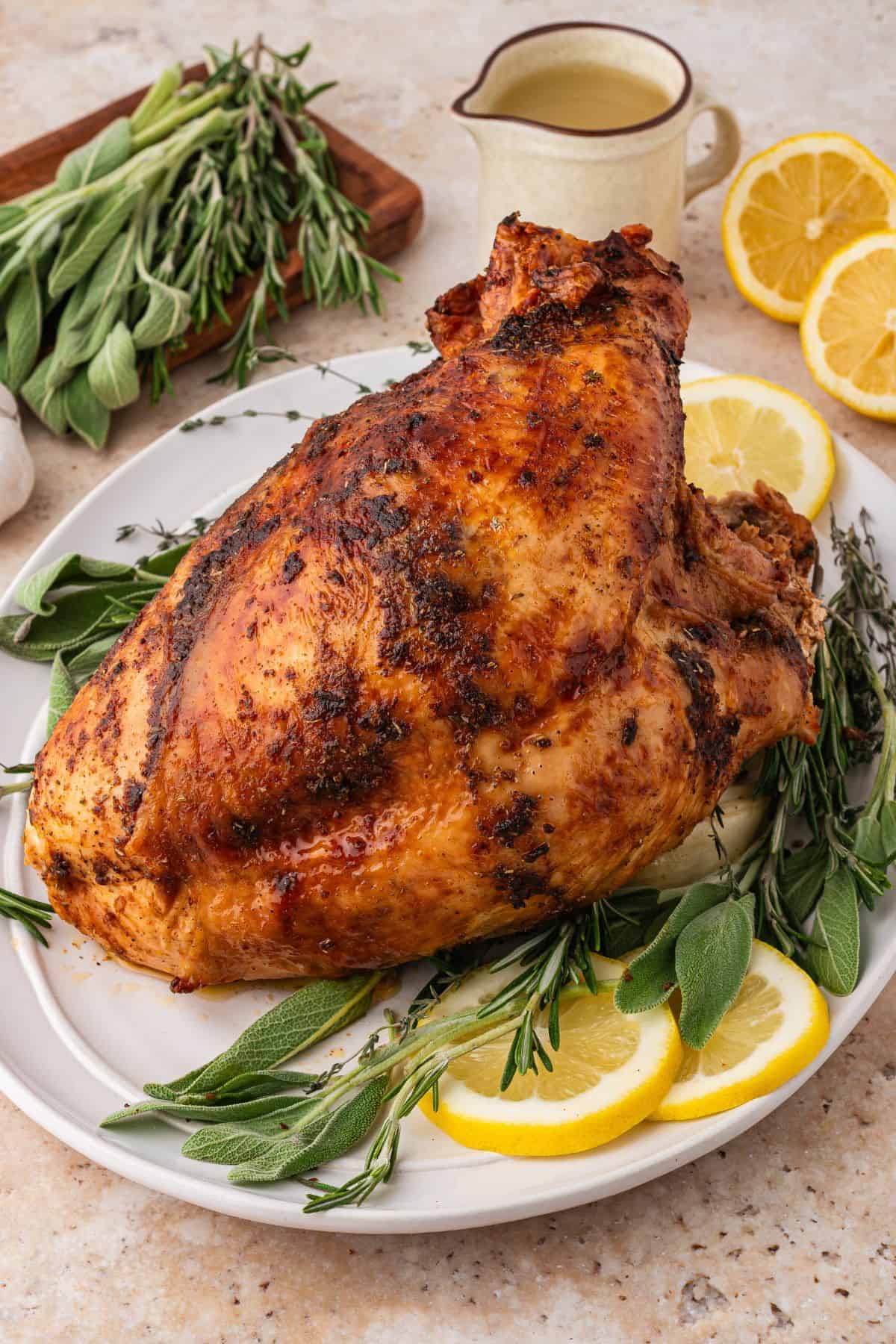 Roasted bone-in turkey breast sliced and served for Thanksgiving dinner
