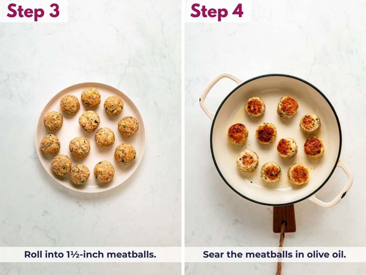 Roll the mixture into 1½-inch meatballs and sear them in olive oil until golden brown.