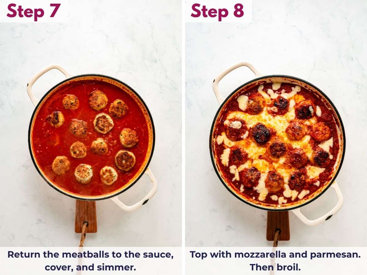 Return the meatballs to the sauce, cover and simmer, then top with mozzarella and Parmesan and broil until melted and bubbly.