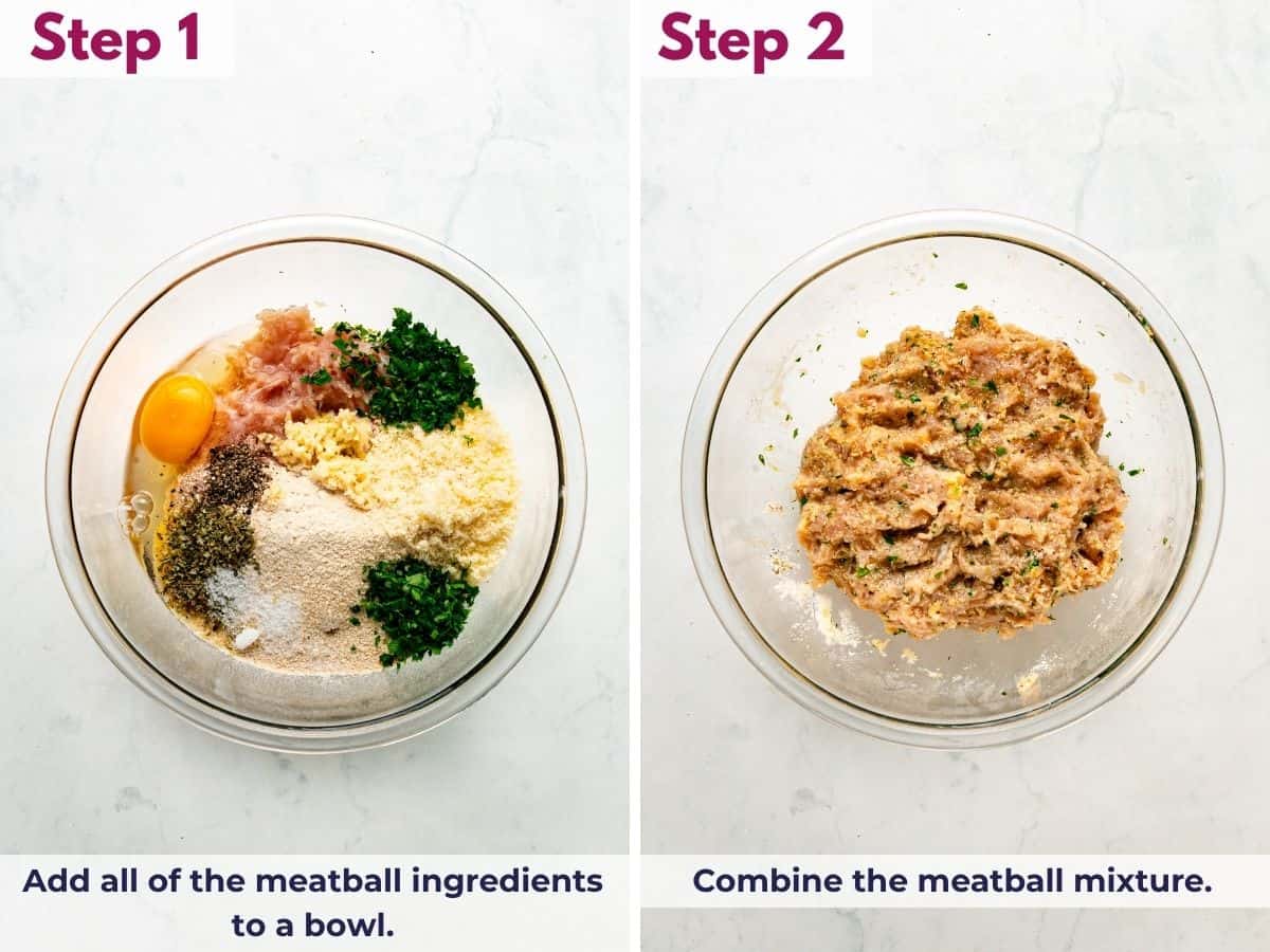 Combine the ground chicken and remaining meatball ingredients in a bowl and mix until well combined.