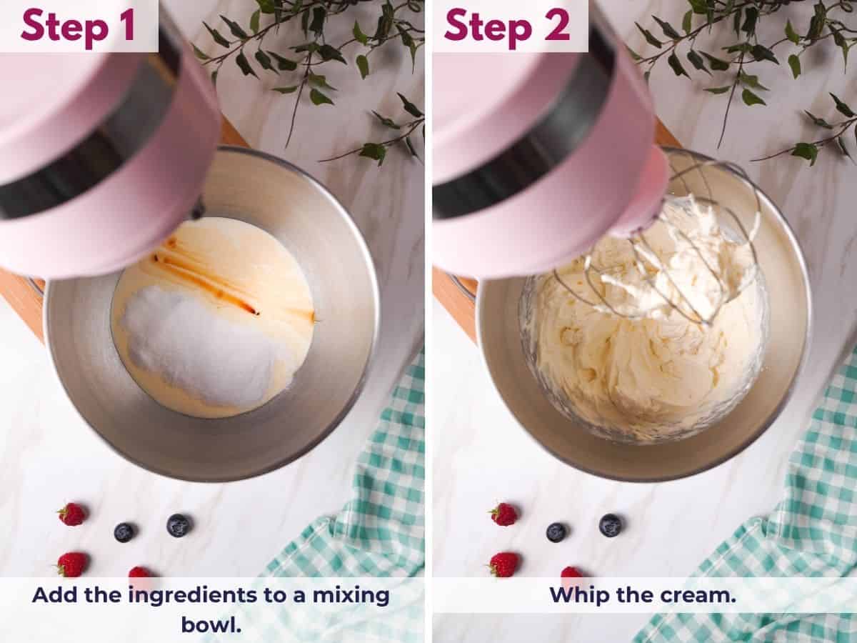 Adding heavy whipping cream, powdered sugar, and vanilla to a mixing bowl, then whipping until light and fluffy.