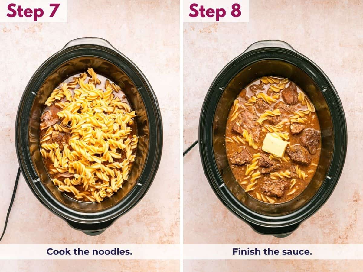 Cook the egg noodles in the beef broth, then finish the sauce until thick and flavorful.