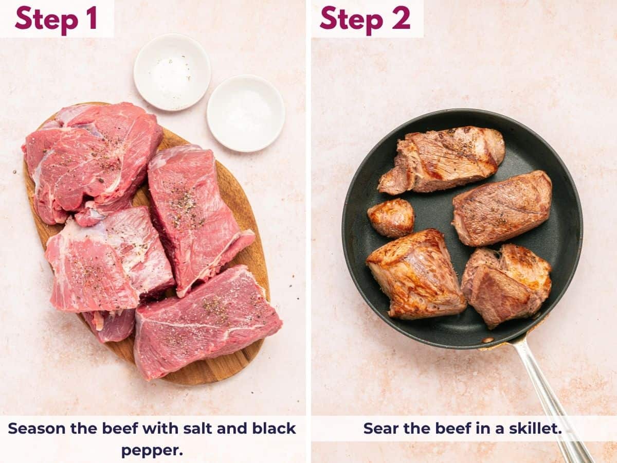 Season the beef with salt and black pepper, then sear it in a hot skillet until browned.
