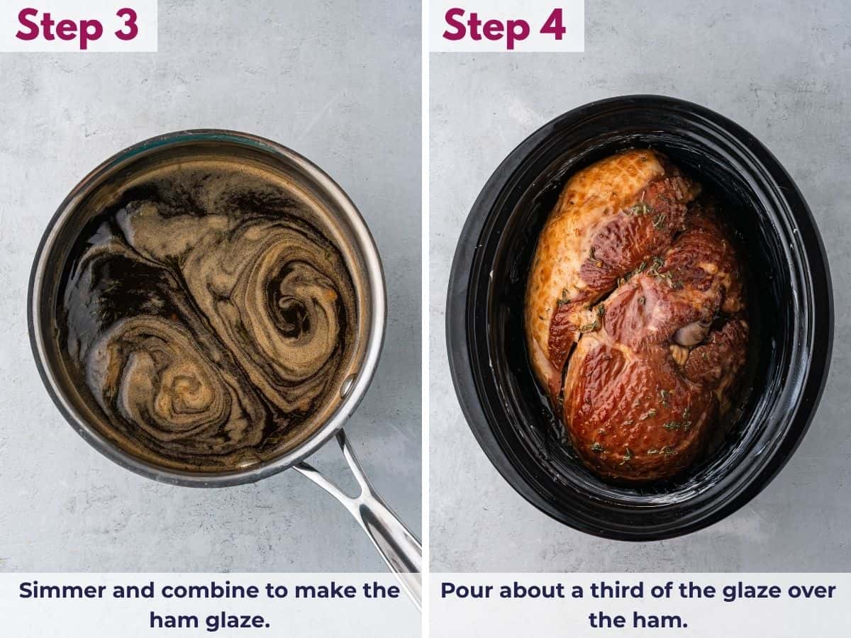 Simmer the glaze ingredients together, then pour about one-third of the glaze over the ham.