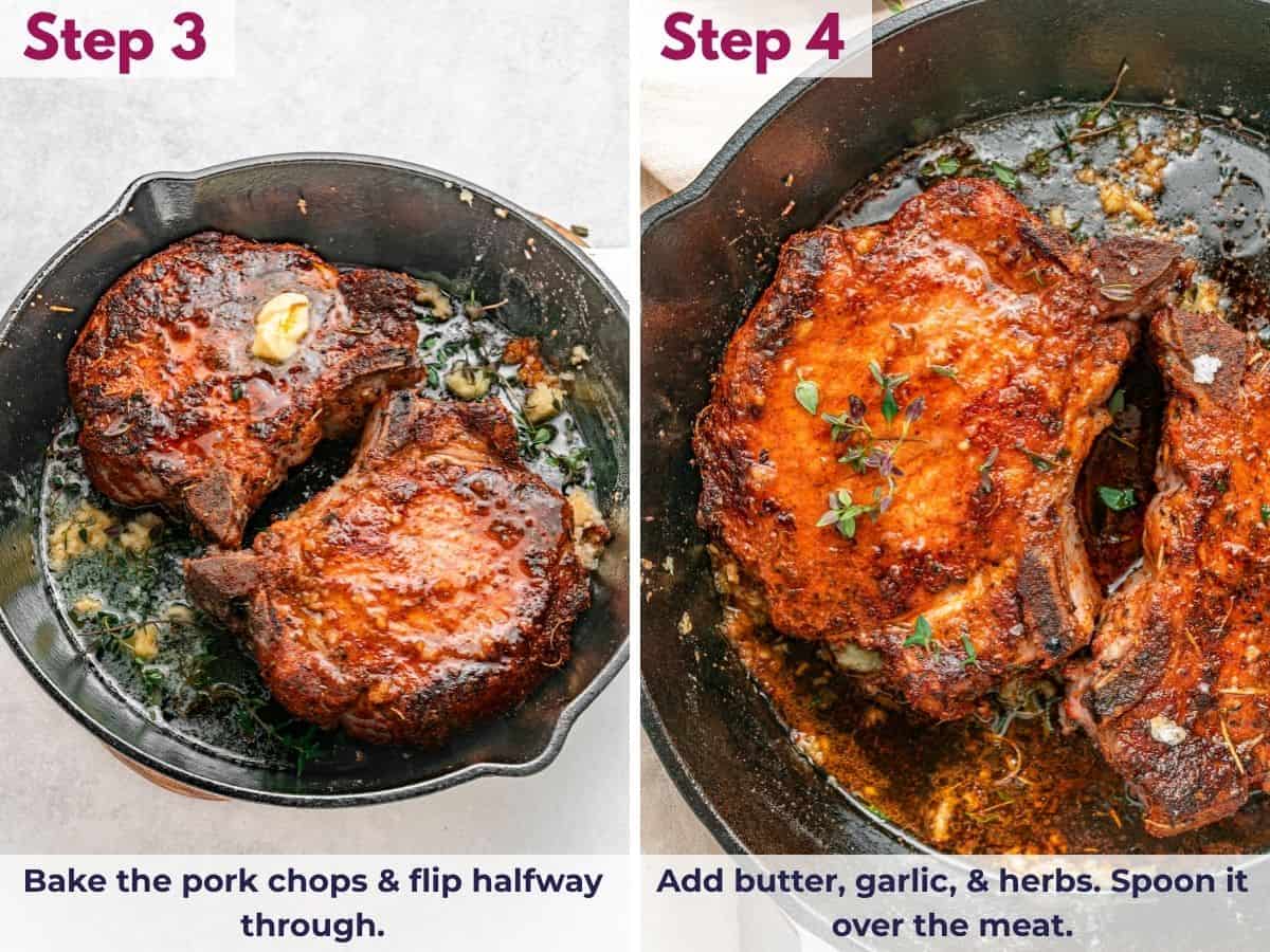 Bake the pork chops, flipping halfway through, then add butter, garlic, and herbs and spoon the melted butter over the meat.