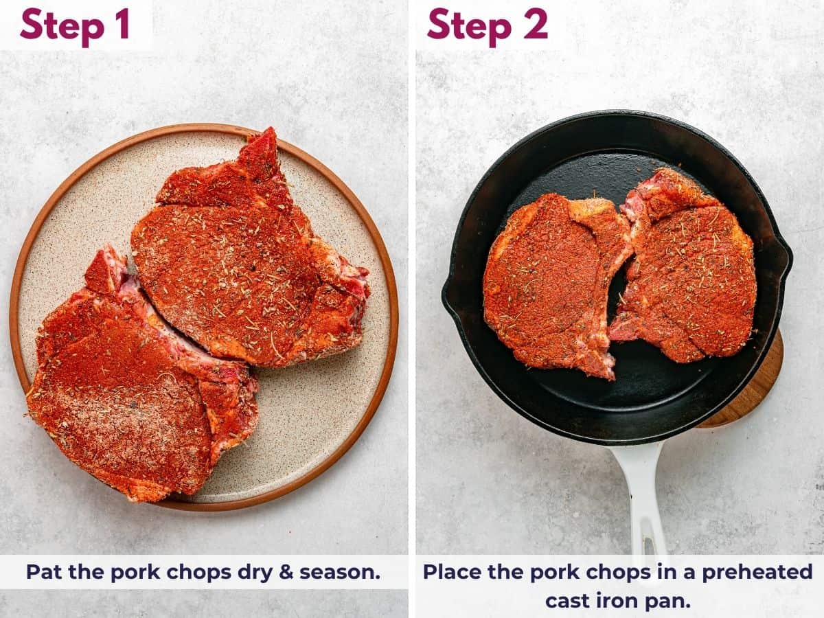 Pat the pork chops dry, season them, and place them in a preheated cast iron skillet.