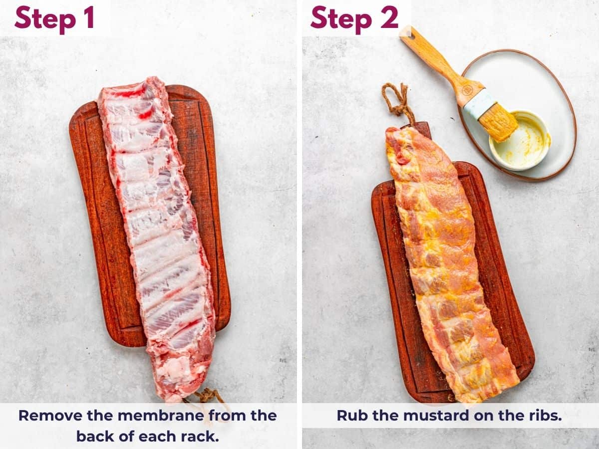 Remove the membrane from the ribs and rub each rack with mustard.
