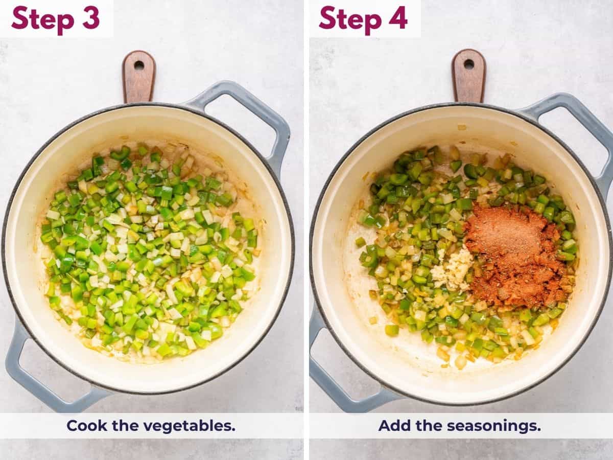 Cook the vegetables until softened, then add the seasonings and stir to combine.