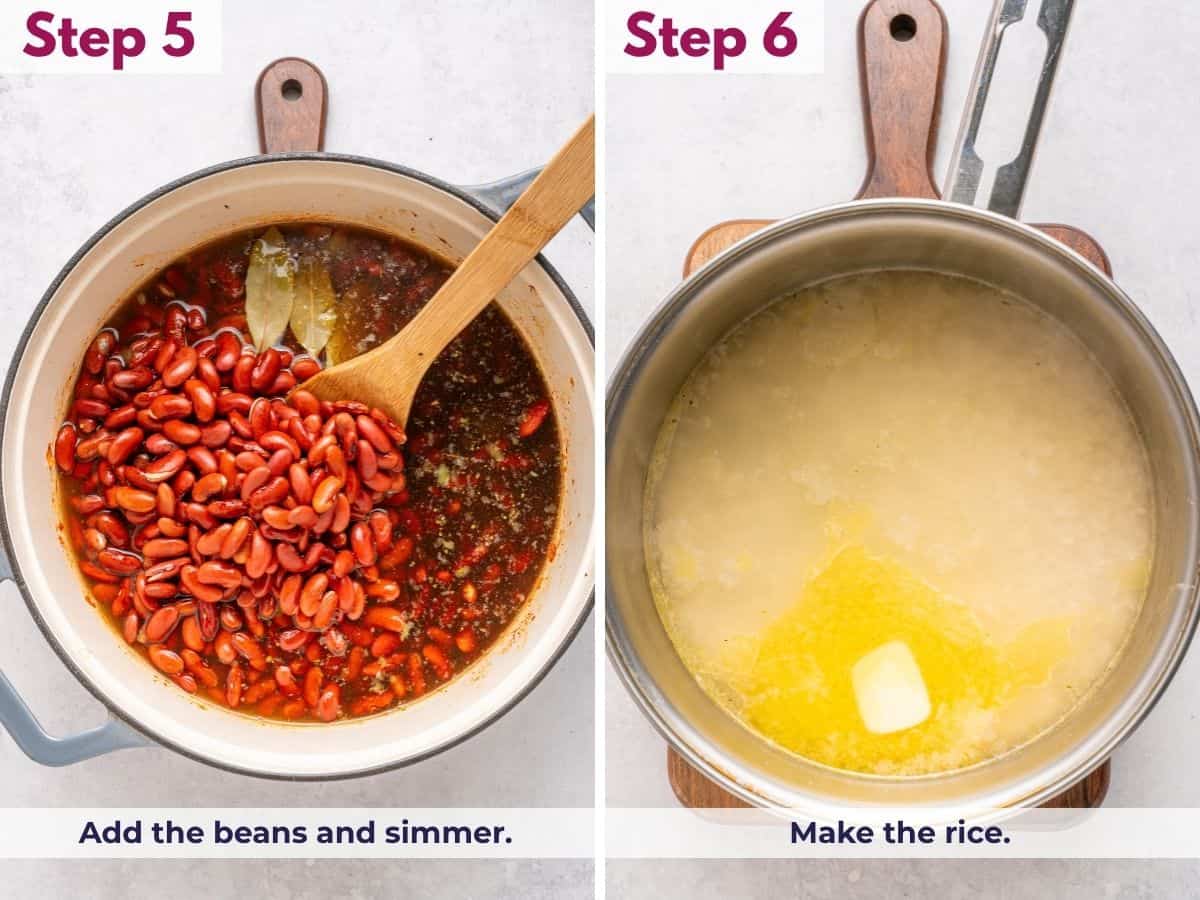 Add the beans and simmer until tender, then prepare the rice.