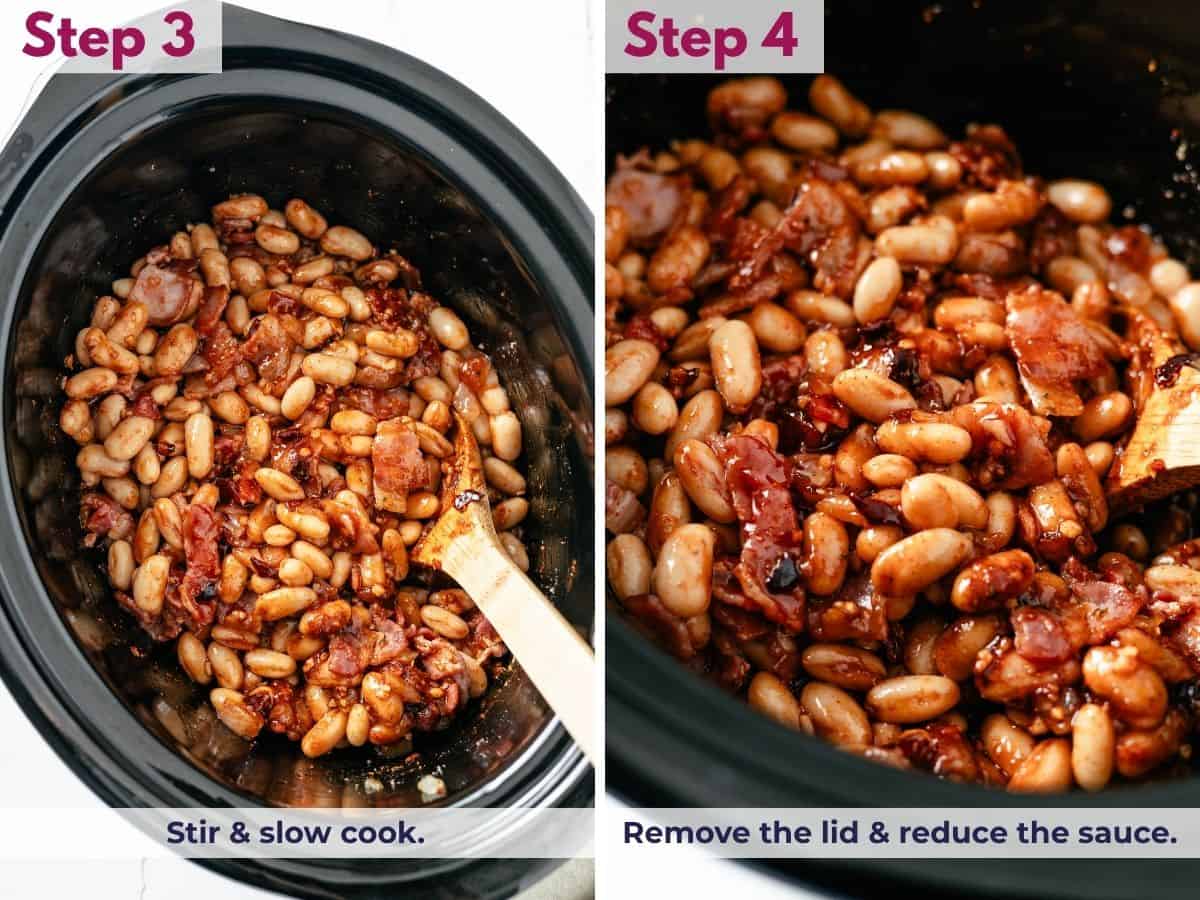 Stir the baked beans and slow cook, then remove the lid and simmer uncovered until the sauce thickens.