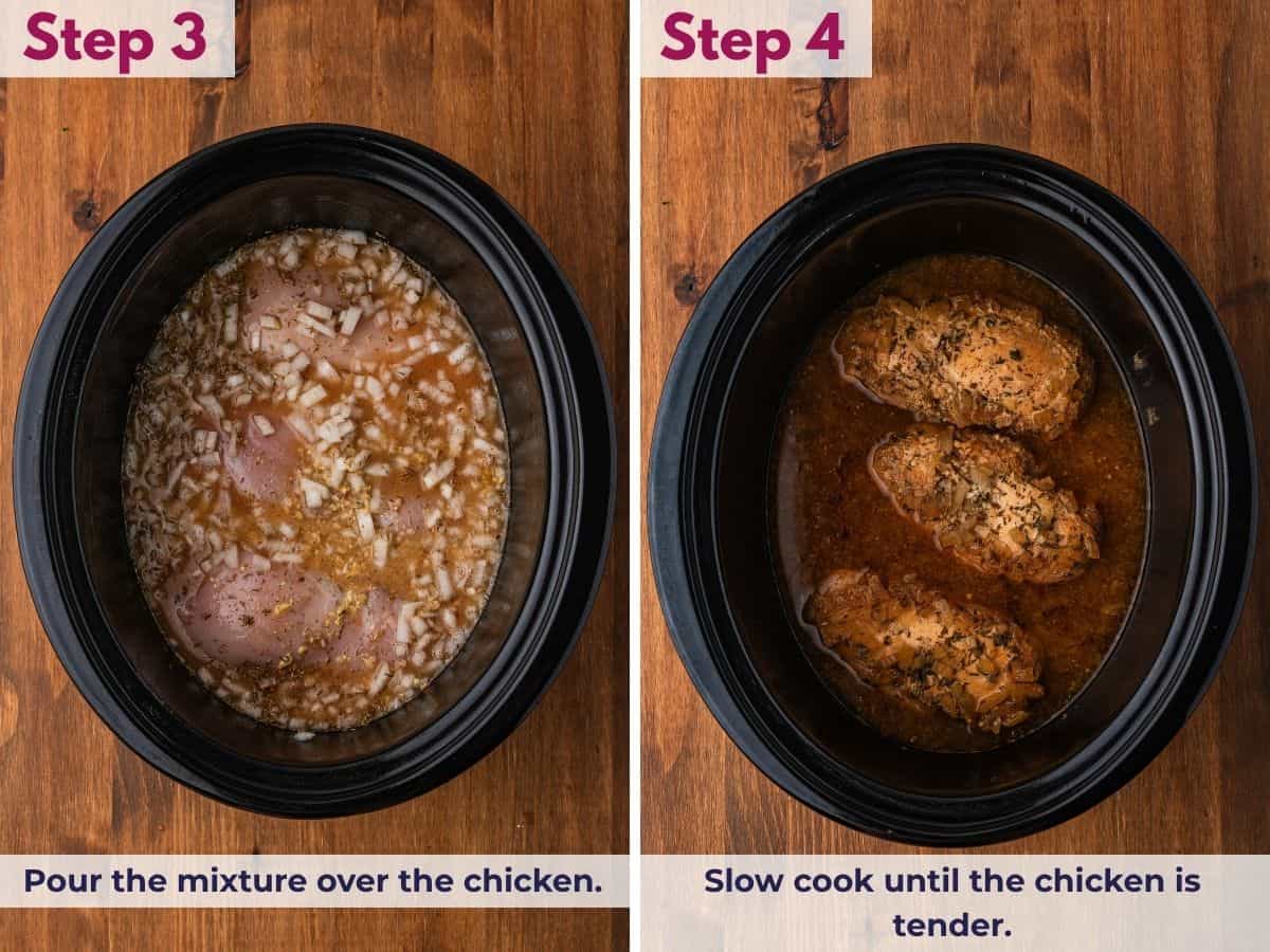 Pour the gravy mixture over the chicken, then slow cook until the chicken is tender.