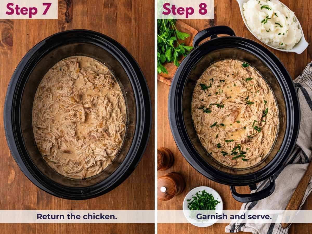 Return the shredded chicken to the thickened gravy, then garnish and serve.