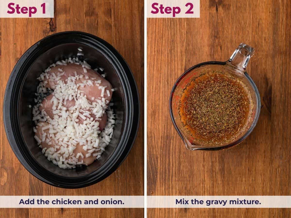 Add the chicken and onion to the slow cooker, then mix the gravy ingredients until well combined.