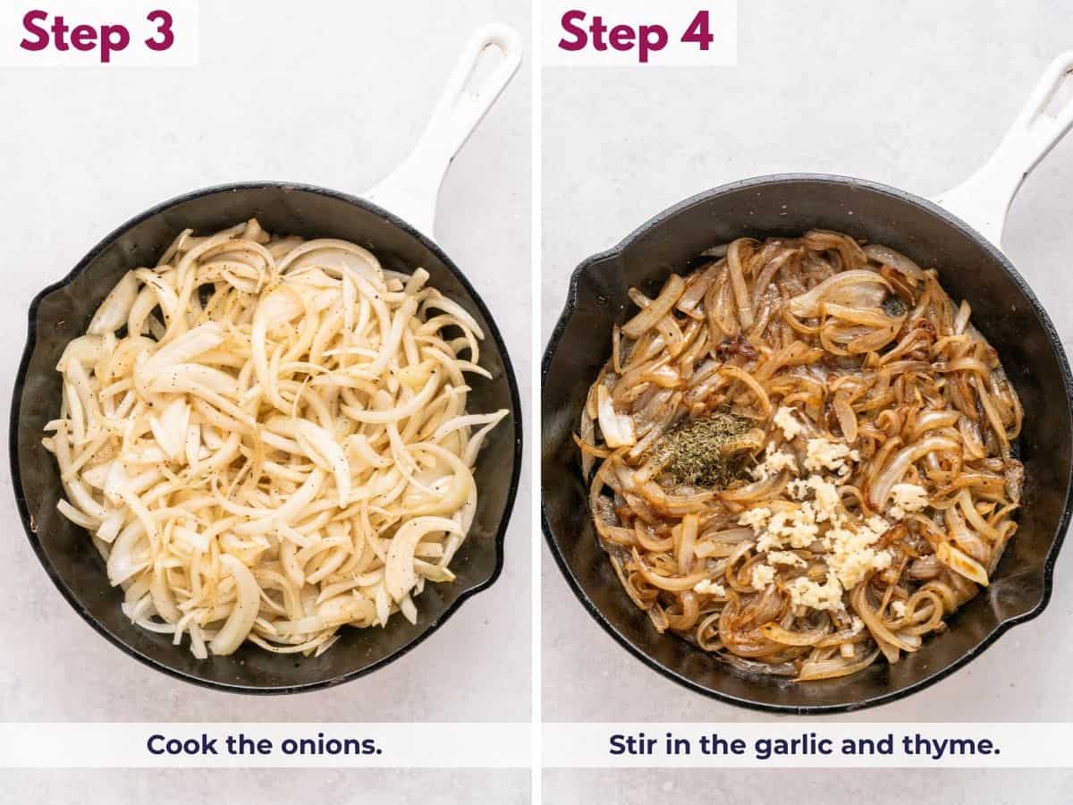 Cook the onions until softened and browned, then stir in the garlic and thyme.