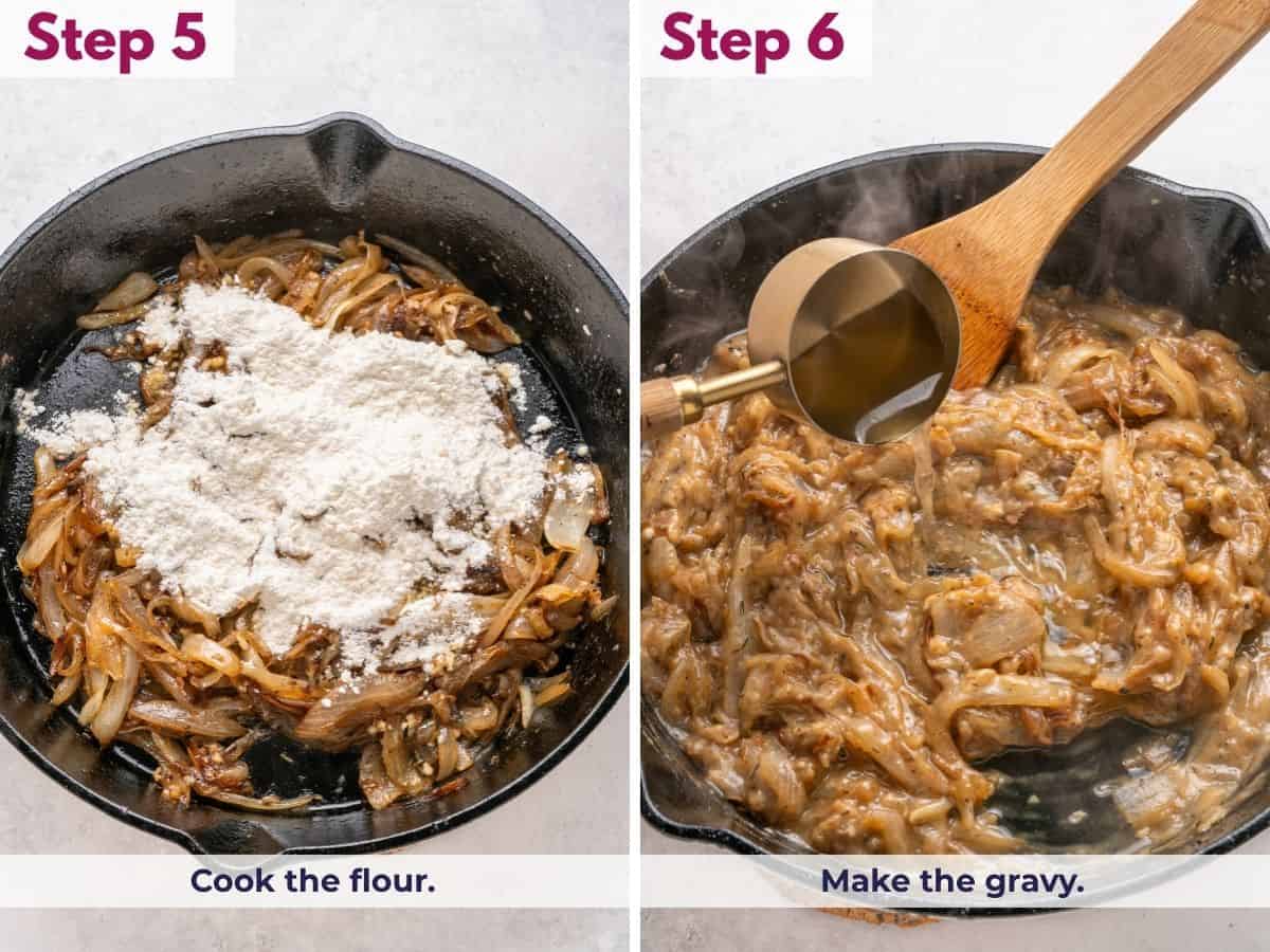 Cook the flour until lightly browned, then whisk in the broth and seasonings to make the gravy.