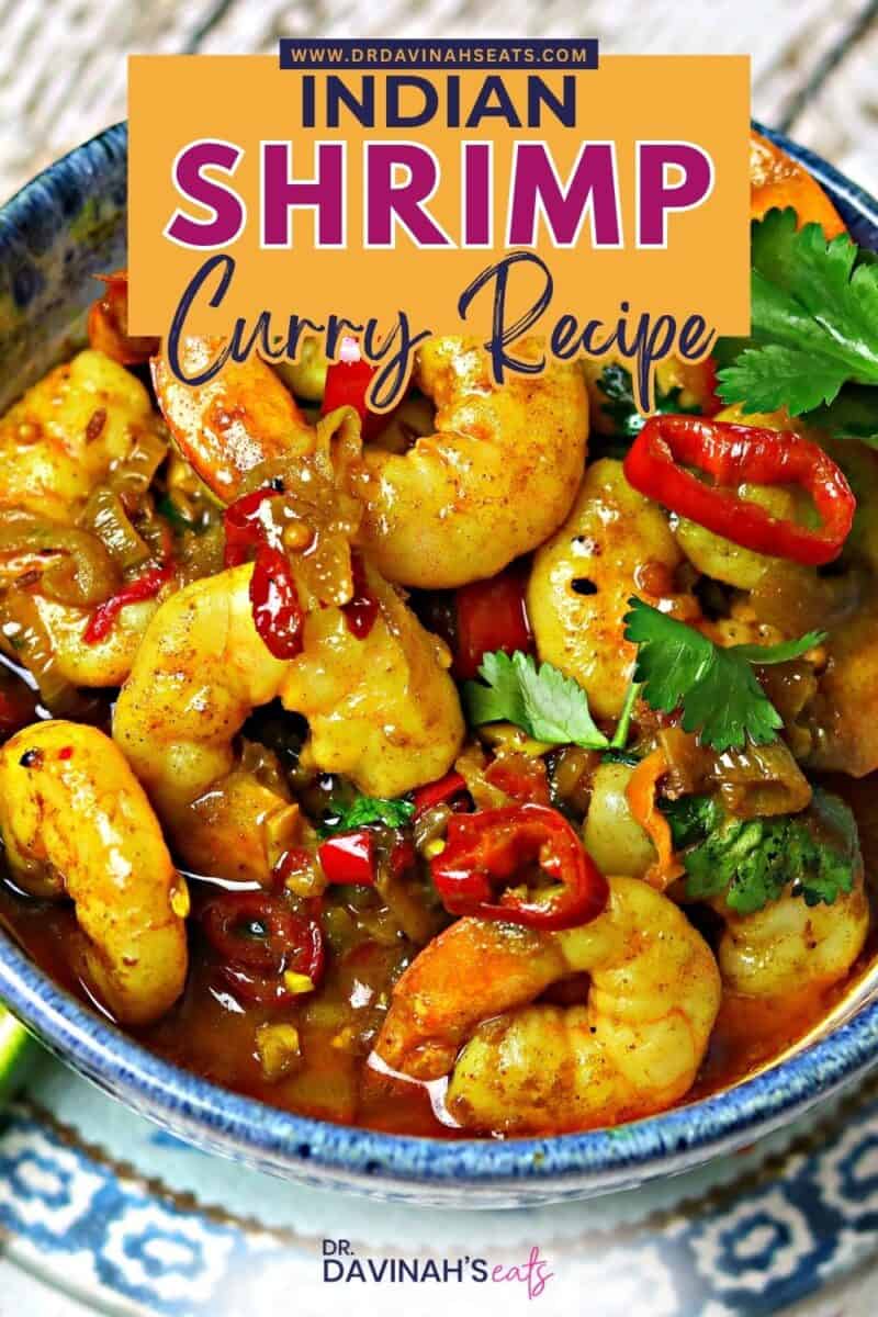 Indian shrimp curry in a bowl topped with cilantro